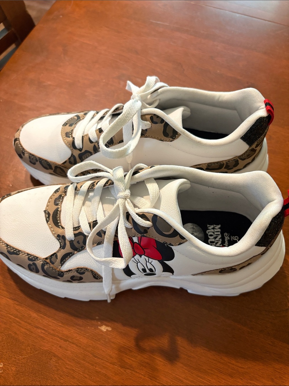 Disney White Sneakers with Brown Leopard Accents and Minnie Graphic